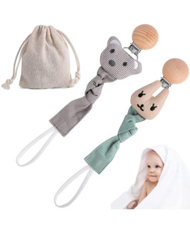 2 pieces baby pacifier chain fabric pacifier strap rabbit bear pattern nucky chain with wood pacifier clip pacifier chain wood with storage bag gift for newborn child boy gray