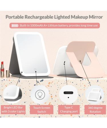 Uotowell Lighted Makeup Vanity Folding Mirror - Portable Travel Compact Mirror with Adjustable LED Lights and Dimmable Touch Screen - USB Rechargeable (Pink) - Buy Online on GoSupps.com