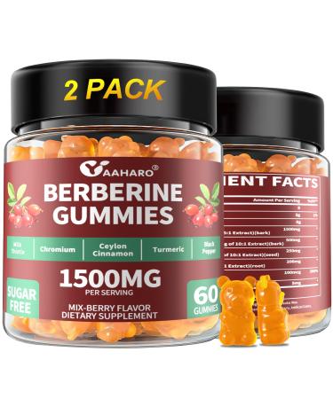 (2 Pack) Berberine with Ceylon Cinnamon Gummies - 1500mg Berberine HCI Supplement with Chromium Turmeric and Milk Thistle - Immune Support - for Women & Men - 120 Sugar Free Gummies