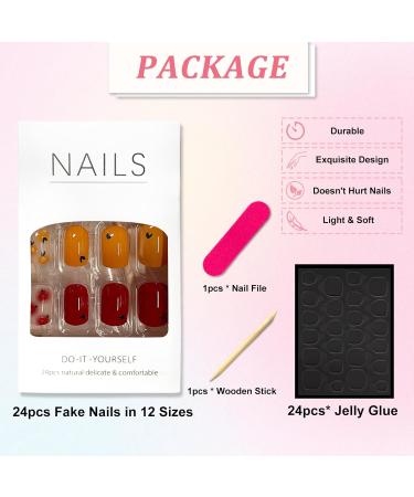 24-Piece Red Orange French Press-On Nails | Full Cover Acrylic Fingernails with Nail Glue Stickers | Heart Design for Women & Girls Nail Art - Buy Online on GoSupps.com
