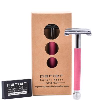 Parker 29L Pink Long Handle Butterfly Open Double Edge Safety Razor for Women 5 Parker Premium Platinum Double Edge Razor Blades Included