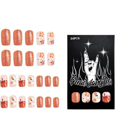 W-LOVNEST Halloween Decoration Nails Tools 24pcs Full Square Fake Nails Featuring Flower Pumpkins and Accents - Buy Online on GoSupps.com