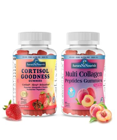 AuraraNeNourish 2 Pack Multi Collagen Peptides Gummies + Cortisol Detox Gummies for Women Men Vegan Non GMO Sugar Free