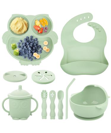 Baby Weaning Set Silicone Baby Feeding Set(10 Pcs) Toddler Weaning Set with Adjustable Bib Suction Bowl Plate Fork Spoon Water & Snack Cup Kit for Babies Toddler and Kids (Green)