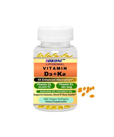 Nikoni Liposomal Vitamin D3 10000 IU, Vitamin K2 (MK-7) 250 mcg, Infused with Coconut & Avacado Oil, Easy to Swallow, Supports Calcium Absorption, Bone Health, 180 Vegan Softgels