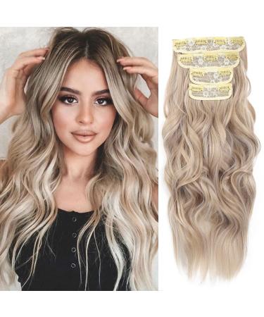 4PCS Clip in Hair Extensions 20Inch Long Wavy Hair Extensions Clip ins Synthetic Thick Hair Piece for Women(Ash Blonde Mix Bleach Blonde)