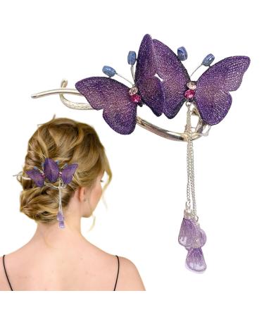 Lesunbak Butterflies Tassel Grab Clip - Elegant Hairpin & Clip For Women Rhinestone Tassel Hair Chain Chic Hair Accessories Nonslip Grip Embellished With Rhinestones For Daily Use Purple
