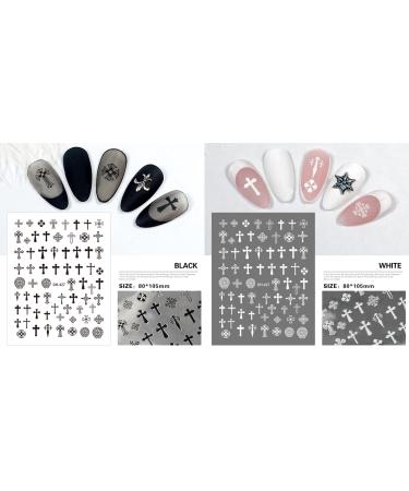 Christian Religious Thin Tough Hot Glue Cute Manicure Japanese Sticker Punk Cross Army Flower 5D Soft Relief 5d Nail Art Stickers White/Black (White)