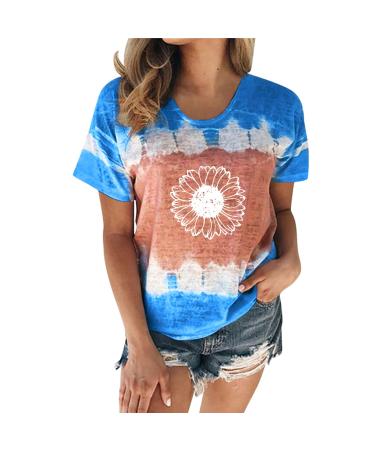 Women's T-Shirt Summer Women's Blouse Short Sleeve Floral Print T-Shirt Clothing Woman Basic Shirt Pullover Crew Neck Clothes T-Shirt Tops Casual Plain Tops Women's Blouse Blue M