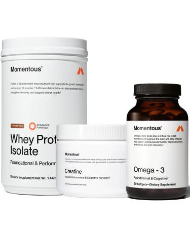 Momentous Three - Creatine Monohydrate Powder (30 Servings), Grass-Fed Whey Protein Powder (Chocolate) & Omega-3 Fish Oil 1600mg - Daily Essentials for Strength, Performance & Lean Muscle Recovery