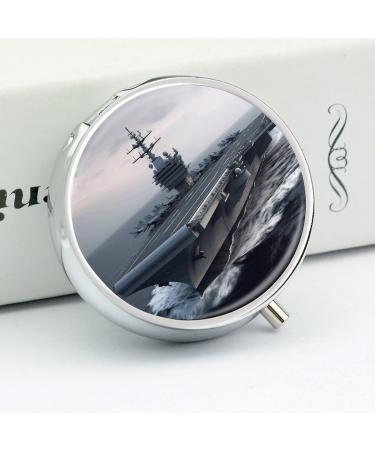 Round Pill Box with Aircraft Carrier Print | 3 Compartment Portable Pill Organizer | Decorative Metal Pocket Pill Case - Buy Online on GoSupps.com