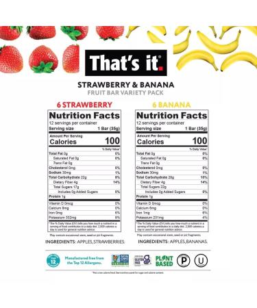 100% Natural Real Fruit Bar with High Fiber | Gluten-Free, Vegan Snack | Paleo, Non-GMO, No Added Sugar, No Preservatives | Apple + Strawberry / Apple + Banana, 12 Pack - Buy Online on GoSupps.com