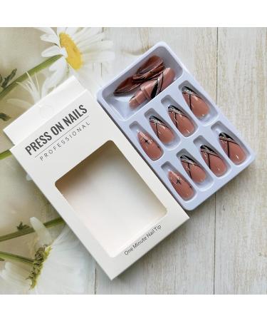 24 Pcs Medium Almond Shape Press on Nails with Black Gold Glitter Lines - False Nails for Women | DIY Manicure Decor - Buy Online on GoSupps.com