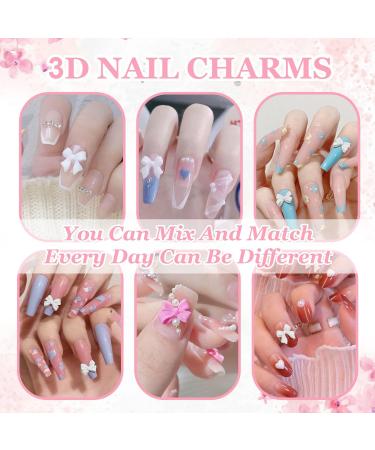 800Pcs 3D Nail Charms Pink White Multi Shapes Mix Bows Nail Charms Cute Pearls Heart Butterfly Blossom Bowknot with Manicure Pickup Tool for Women Girls Nail DIY Accessories - Buy Online on GoSupps.com