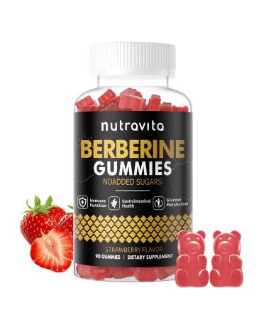 Nutravita Berberine Gummies with Ceylon Cinnamon 1500mg High Potency Berberine HCL Supplement for Immune and Metabolism Support Sugar Free Organic Berberine Gummies Strawberry Flavor-1PACK Strawberry 90 Count (Pack of 1)