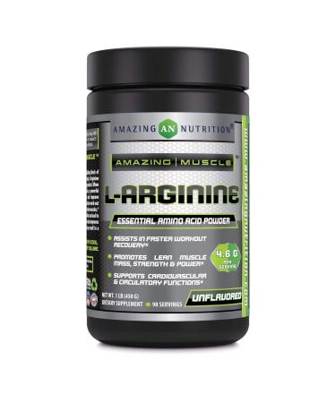 Amazing Muscle L-Arginine Essential Amino Acid Powder Net Wt. 1 lb- Unflavored 4.6g Per Serving (Approx. 98 Servings)- Workout Muscle Recovery Supplements *