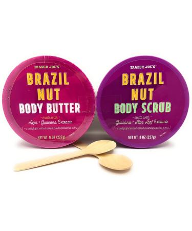 Trader Joes - Brazil Nut Luxuriant Variety Set : (1) Body Butter (8 oz) and (1) Body Scrub (8 oz) Plus Two Mini Birchwood Spoons.