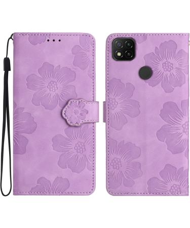 Shop Stylish Flower Pattern Folding Cover for Redmi 9C | PU Leather Protective Case with Stand & Card Slots - Violet - Buy Online on GoSupps.com