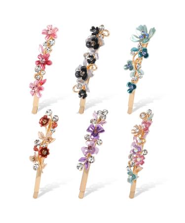6 Packs Colorful Vintage Flower Design Hair Barrettes for Women Assorted Metal Blooming Floral Decorative Alligator Hair Clips Gold Rhinestone Bobby Pins Decorative Hair Accessories for Women Girls
