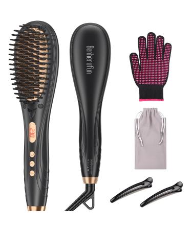 Hair Straightener Brush - Fast Heating Ionic Hair Straightener Comb with 16 Temp Settings, Anti-Scald & Auto-Off Function for Home Salon Help You Create for Frizz-Free Silky Hair (Black)