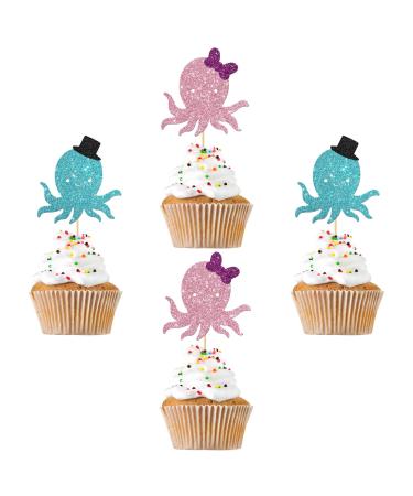 RoadSea Octopus Cupcake Toppers - Gender Reveal Ocean World Party Cupcake Supplies - Girl Kid Birthday - Boy or Girl Sea Animal Party Dessert Decorations - 24 PCS Glitter