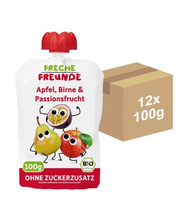 Cheeky friends Bio Quetschie apple pear and passion fruit fruit puree in a squeeze bag fruit puree for children and babies from 6 months vegan gluten-free 2x 6-pack (12 x 100g) apple pear and passion fruit 12 pieces.