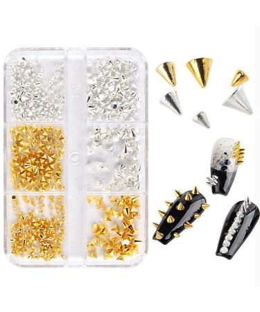 6 Grid/Box Mini Metal Rivet Punk Nail Charms - Gold and Silver Cone Nail Art Studs for Acrylic Nails Nail Jewels and DIY Crafts Alloy Spike Studs Nail Supplies for Women Girls Gold-Silver