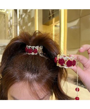 Red Rhinestone Hair Clip - Metal Rose Barrette Ponytail Clip for Girls | Non-slip Hair Claw with Tassel Detail - Decorative Hairpin Accessory (1Pcs) - Buy Online on GoSupps.com