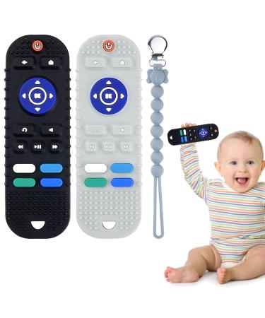 2-Pack Silicone Teething Toys Remote Control Shape Teething Toys for Babies 6-12 Months BPA Free Teething Toys with Anti-Off Rope Clip Chew Toys Set for Baby Boys Girls Teether Toys Gift
