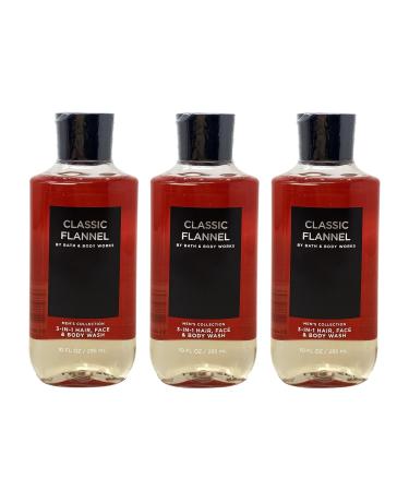 Bath and Body Work Men's Collection CLASSIC FLANNEL 3-in-1- Hair Face & Body Wash Gift Set - Set of 3 Full Size Red