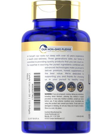 Carlyle Norwegian Cod Liver Oil | with EPA & DHA | 1245mg | 150 Softgels | Liquid Capsules | Non-GMO & Gluten Free Supplement - Buy Online on GoSupps.com