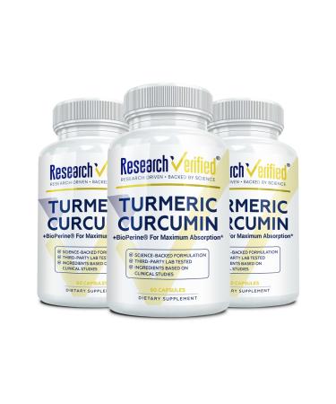 Research Verified Turmeric Curcumin Supplement with Black Pepper (BioPerine) - High Potency Curcumin - Antioxidant Joints & Daily Wellness - 60 Vegan Turmeric Capsules - Made in USA - 3 Month Supply 60 Count (Pack of 3)