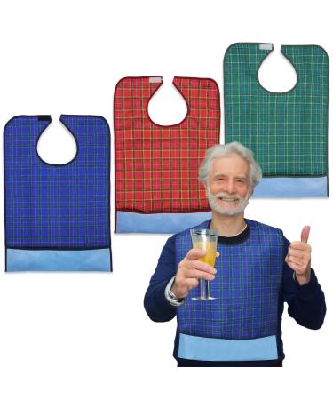 Sumotia 3 Pack Adult Bibs with Crumb Catcher Waterproof and Reusable Clothing Protector (Pinstripe)