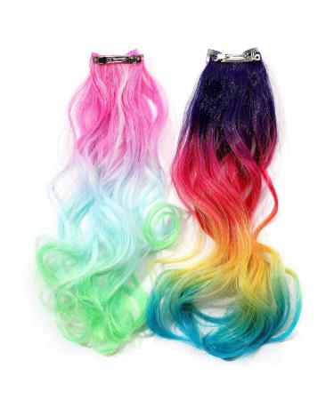 Rainbow Ombre Curly Hair Extensions for Kids - 2 Pack Ponytail Barrettes - Buy Online on GoSupps.com