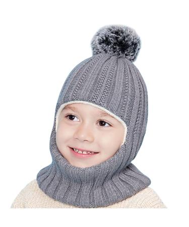 Baby Balaclava Kids Winter Warm Hat Scarf Warm Knitted Hood Hat with Double Pom Pom Design Beanie Caps for Baby Girls Boys Cute Small Bear Winter Hat C-Grey One Size