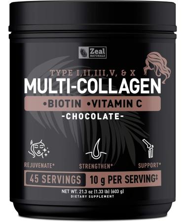Zeal Naturals Premium Multi Collagen Peptides Protein Powder Vitamin C, Biotin - Chocolate - 21.3 Oz.