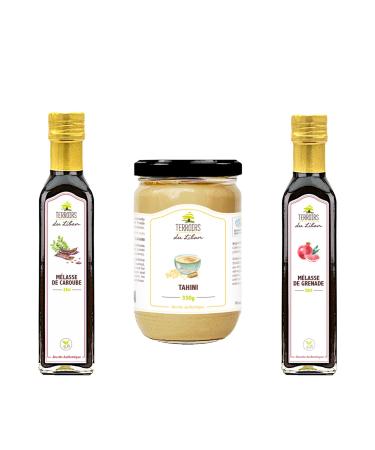Lot of Lebanese products - Seasoning: Tahini 330g + Pomegranate Molasses 25cl + Carob Molasses 25cl - 830g - Lebanon