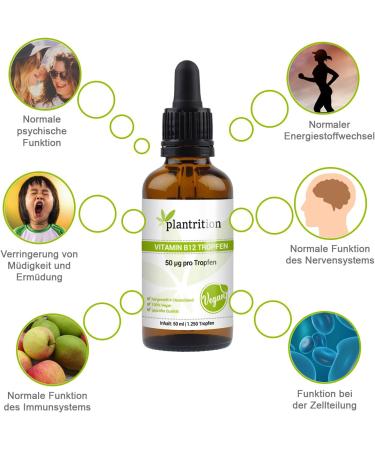 Plantrition Vitamin B12 Drops - 1250 Drops 100 g Methyl & Adenosylcobalamin Alcohol-Free Vegan - 50ml Manufactured in Germany - Buy Online on GoSupps.com