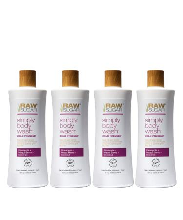 RAW SUGAR Simply Body Wash - Pineapple + Maqui Berry + Coconut Moisturizing & Brightening Bath & Shower Gel Formulated without Sulfates and Parabens & Vegan (Pack of 4) Pineapple + Maqui Berry + Coconut 4pk
