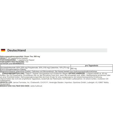 Jarrow Formulas Green Tea 500mg - 100 Veggie Capsules | Antioxidant & Cardiovascular Support - Buy Online on GoSupps.com