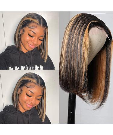 haha Brown Bob Highlight Wig Human Hair Ombre Lace Front Wig 4x4 Closure Bob Wig Straight Short Bob Wig For Women Black Honey Blonde 12 Inch 180% Density Glueless Pre Plucked 12 Inch Highlight Brown Bob Wig