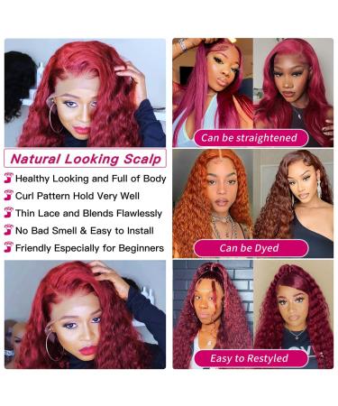 VCkiss Burgundy Deep Wave Lace Front Human Hair Wig 99j 13x4 HD Lace Frontal 160% Density for Black Women - Wet & Wavy Red Curly Hair, Pre-Plucked Brazilian Virgin Hair - Buy Online on GoSupps.com