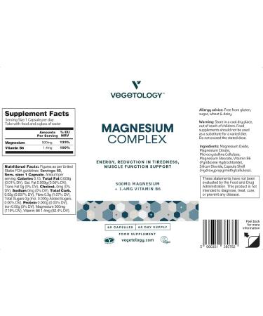 Vegetology Magnesium Supplements with Vitamin B6, 3-in-1 Complex, 60 Vegan Capsules, High Strength, Supports Energy, Muscle Function, and Overall Wellness, Age 11+ - Buy Online on GoSupps.com