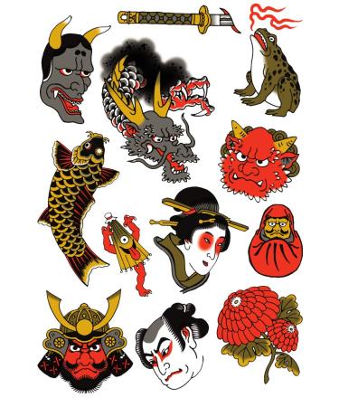 Tatsy The Japanese Set  Waterproof Temporary Tattoos Party Cover Up and For Men and Women  Asian Culture Patterns Designs Motifs Shapes  Samurai Sword Dragon Warrior Flower Geisha Frog