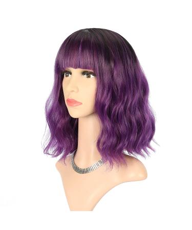 FAELBATY Short Purple Bob Wig with Bangs | Ombre Dark Purple Synthetic Cosplay Wig for Women - Buy Online on GoSupps.com
