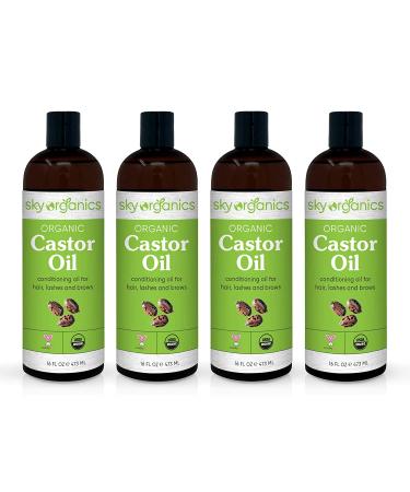 Castor Oil USDA Organic Cold-Pressed (16oz x 4 Pack) 100% Pure Hexane-Free Castor Oil - Conditioning & Healing, For Dry Skin, Hair Growth - For Skin, Hair Care, Eyelashes - Caster Oil By Sky Organics