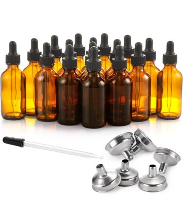 Dark Amber Dropper Bottles with 6 Small Funnels & 1 Long Glass Labels - 60ml Tincture Eye Droppers for Essential Oils Perfume Hair / Body Liquids 2 oz 24 Pcs