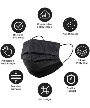 TBOC Disposable 3-Layer Hygiene Masks - 200 Soft Lightweight Breathable Black Masks with Nose Clip - International Shipping Available - Buy Online on GoSupps.com