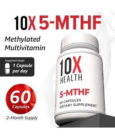 10X Health 5-MTHF Methylfolate - Methylated Folate & Magnesium for Brain Heart Health DNA & Neurotransmitter Synthesis - Bioavailable Methyl Folate Supplement - Methylfolate Supplement 60 Capsules - Buy Online on GoSupps.com