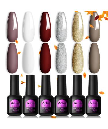 AUBSS Autumn Gel Nail Polish Set 6 Colours Autumn Winter Red Sliver Color Gel Kit Champagne Gold Nail Polish Gel Soak Off LED Gel Nail Kit for Beginner Gold Grey Red Silver White